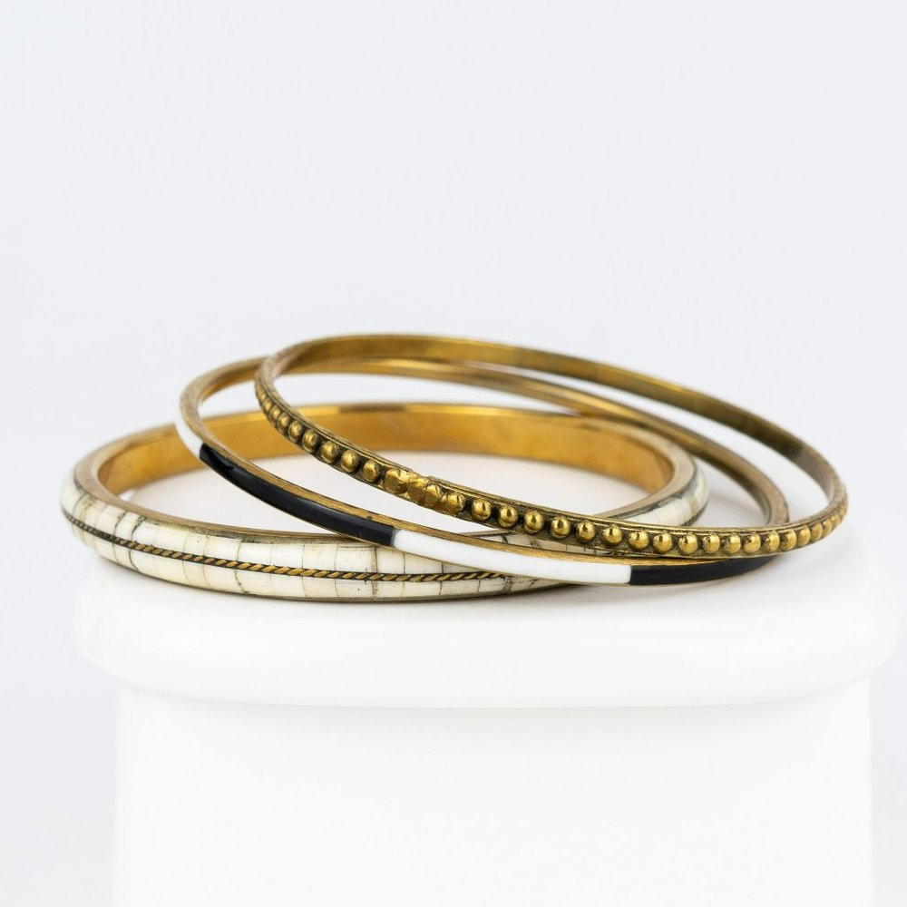 COPY - Lot of 3 Bangle Bracelets Boho Brass Inlaid Bone Black White Enamel Text…